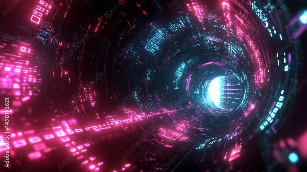 Poster futuristic perspectives in a cybernetic world of glowing binary code and virtual art