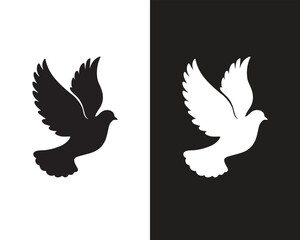 Obraz premium Black and White Flying Pigeon Silhouette Icon – Peace Symbol Bird Illustration on Split Background