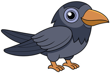 Cartoon Crow Illustration Cute Bird with Dark Blue Feathers and Orange Beak