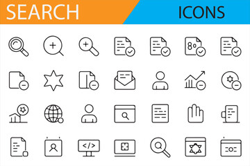 Clean Search Icons Set: Magnifying Glass, User, File, and Web Search Symbols