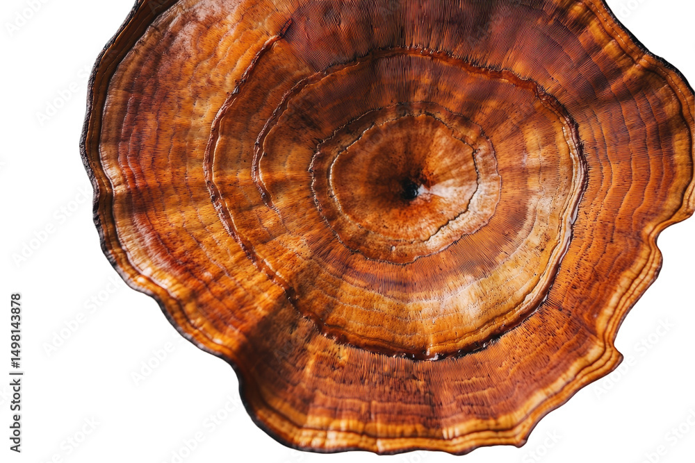 Poster close-up view of a glossy, brown, mushroom-like fungus displaying droplets of moisture on its surfac