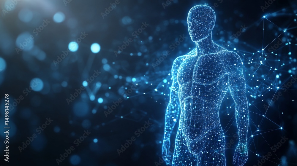 Poster exploring interconnected health systems futuristic digital landscape visualization sci-fi environmen