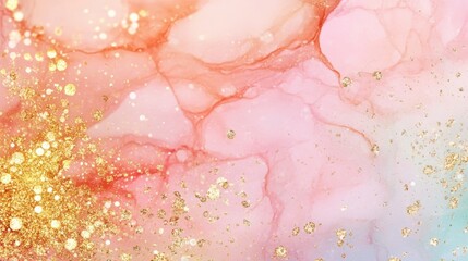 Fototapeta premium Abstract pink marble texture with gold glitter on pastel gradient background. Luxury fluid art design. Elegant decorative pattern. Wedding and celebration theme