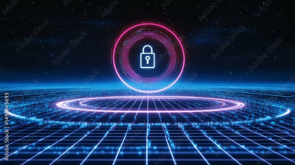 Poster securing the future digital lock icon above a high-tech grid in a virtual environment