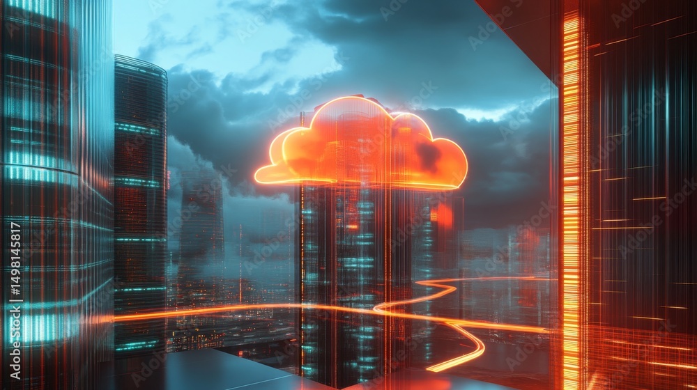 Poster exploring the glowing cloud computing server room futuristic environment digital landscape high-tech
