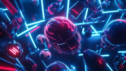 Dynamic futuristic sports quiz event virtual arena interactive content neon environment engaging viewpoint high-tech concept