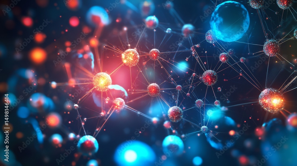 Poster exploring the interconnectedness of glowing digital cells in a virtual network sci-fi environment fu
