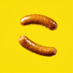 Sizzling Sausage Duo: An eye-level shot of two cooked sausages against a vibrant yellow background, showcasing their delicious texture and appetizing appeal. 
