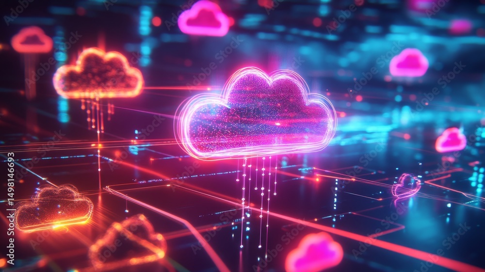 Poster navigating the glowing cloud computing network virtual space digital art futuristic environment tech