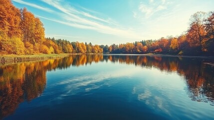 Fototapeta premium Tranquil Autumn Scene with Reflections on Serene Lake Water