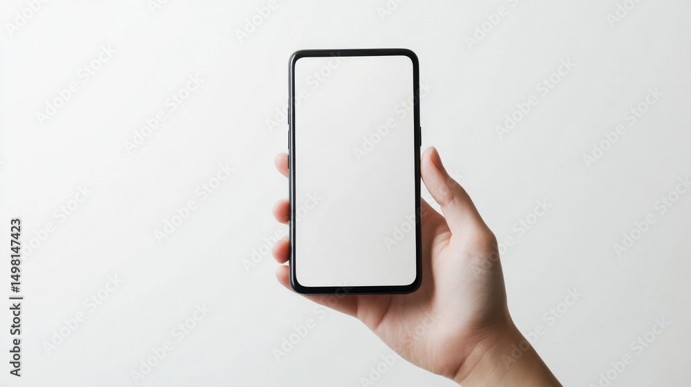 Poster user interacting with a smartphone in a minimalist setting digital content creation clean environmen