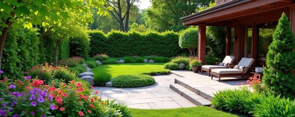 Obraz premium Stunning backyard landscape design featuring lush greenery, vibrant flowers, and a tranquil patio area, perfect for relaxation and outdoor entertaining , garden, grass, deciduous