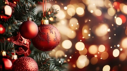 Obraz premium Beautifully Decorated Christmas Tree with Red Ornaments and Lights