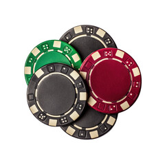 Naklejka premium Close-up of Stacked Casino Poker Chips - Green, Black, and Red
