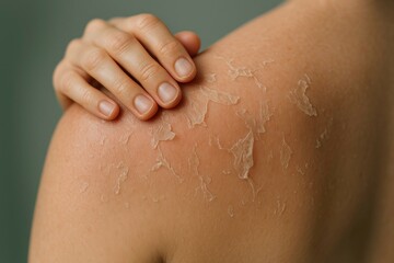 Fototapeta premium Close-up of peeling skin on shoulder after sunburn with hand gently touching, highlighting skin damage and need for care and hydration