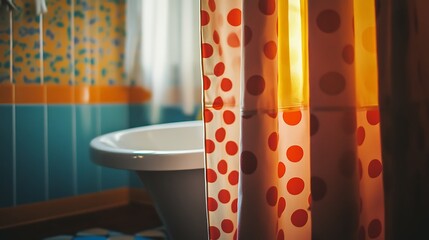 Bathroom with a patterned curtain and a tub.
