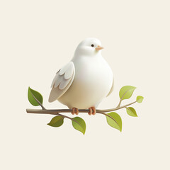 Beautiful dove sitting on a green branch, 3D. Banner for holiday, religious concepts. For postcard, greeting, and cover concepts. Vector illustration.