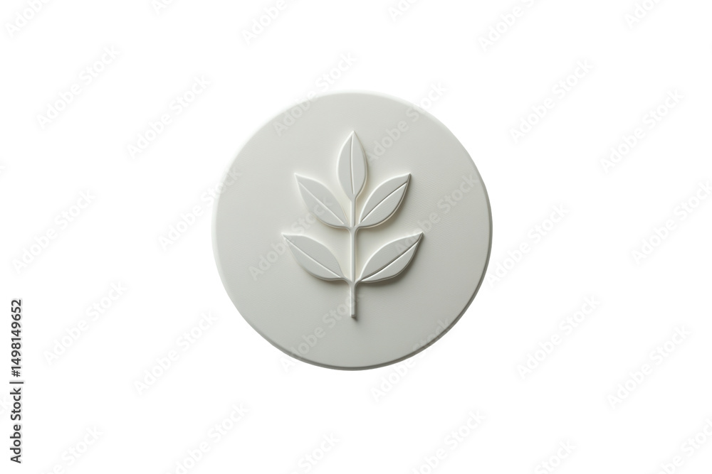Poster minimalistic white circular design featuring a raised leaf emblem suitable for eco-friendly branding