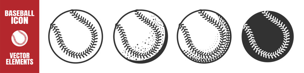 Baseball Ball Icon Set. Outline, Filled, and Character Style Vector Illustrations Isolated on Transparent Background