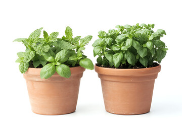 Naklejka premium Fresh basil herb plant growing in a white pot isolated on white background
