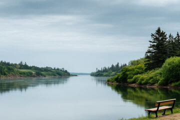 Obraz premium tranquil river scene in new brunswick surrounded by lush greenery and soft sunlight filtering through trees