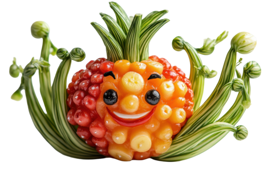 Creative vegetable art featuring a cheerful character made from fresh produce with a playful arrangement of colors and shapes
