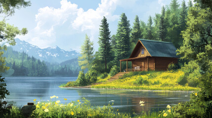Obraz premium Tranquil summer escape featuring a rustic cabin on the edge of a quiet lake.