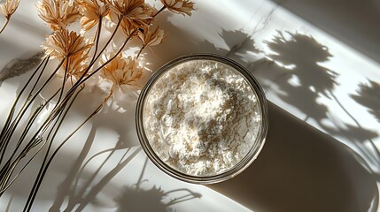 Overhead view of a bowl of flour and flowers with shadows creating a beautiful image
