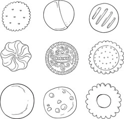 A charming collection of hand-drawn cookie outlines, perfect for coloring or adding a whimsical touch to any design. This set features various cookie shapes, including classic sandwich cookies, chocol