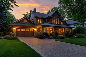 Luxury suburban home in craftsman style architecture with light warm evening lighting © Trendy Graphics
