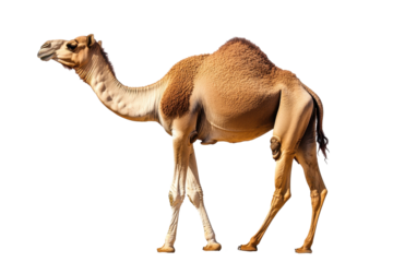 Camel walking on a white background showcasing its distinct features and posture in natural setting