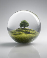 Eco Nature Beauty Glass Sphere Art Scene Reflection Environment Moss Tree Landscape Harmonious Tranquility Indoors 3D Illustration Green Globe Serene Fantasy Adventure Elegant Organic Earthy Design