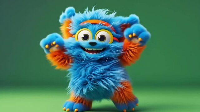 Playful and energetic cartoon creature with blue and orange fur jumps excitedly in workout pose on green background