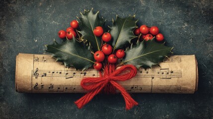 A rolled sheet of vintage music tied with red string, decorated with holly leaves and berries, on a dark textured background.