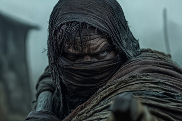 A portrait photo of a man in rags, close-up, his face partially covered by a dirty scarf or rag, like a highwayman