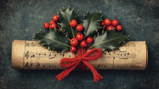A rolled sheet of vintage music tied with red string, decorated with holly leaves and berries, on a dark textured background. - Powered by Adobe