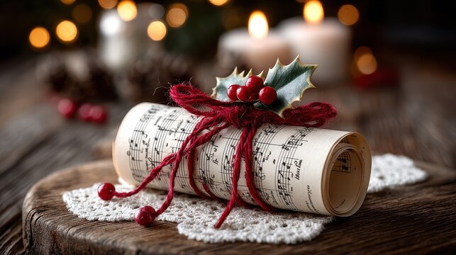 A festive rolled sheet of music tied with red string and holly, set on a wooden table with candles and holiday decorations in the background.