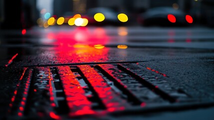Reflection of City Lights on Wet Street with Drain Cover at Night