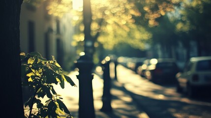 Serene Evening Street Scene with Soft Focus and Natural Light Effects