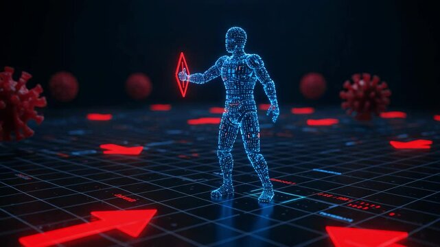 Human-shaped hologram navigating a digital interface with warning symbol indicating system vulnerability and cybersecurity threat