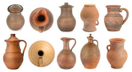 Collection of clay jugs and vases of different shapes isolated on white