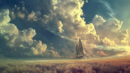 A sailboat sails on a sea of clouds beneath a sky filled with stars and dramatic cloud formations