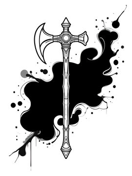 Line Medieval poleaxe icon isolated on white background. Abstract banner with liquid shapes. Vector