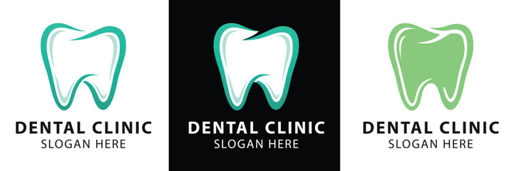 Modern dental clinic logo design with stylized tooth icon in teal, green, and white variations for professional oral care branding and dental practices