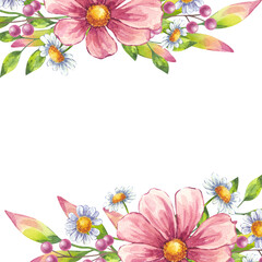 Fototapeta premium Watercolor blooming flower horizontal botanical frame. Pink cosmos, white daisy chamomile, berries, green leaves. Hand drawn illustration isolated background. Wedding invitation, save the date.