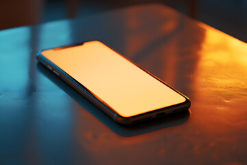 Modern phone resting on a reflective table in dim light