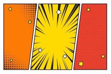 Comic book 3 panels, storyboard style pop art, frame retro cartoon