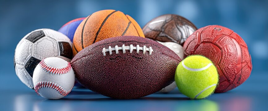 Variety of sports balls on a blue background.