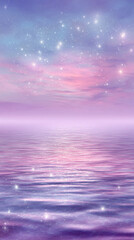 Obraz premium Water Sea Calm Serene Sunset Violet Pink Lilac Horizon Sky Stars Reflection Nature Outdoors Tranquil Twilight Dreamy Mystical Ocean Bluish Clouds Light Beauty Landscape Waves Colorful Dusk Atmosphere