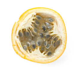Piece of ripe yellow passion fruit isolated on white, top view